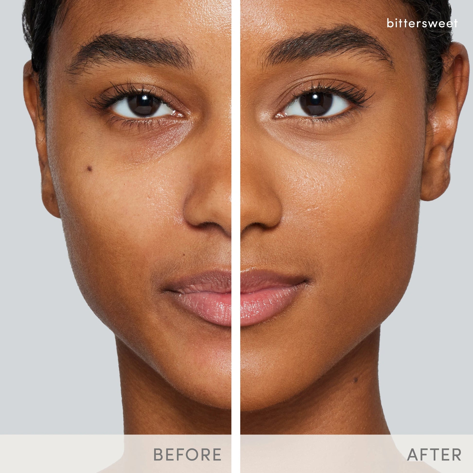 Jane Iredale PurePressed Base SPF15 Refill Bittersweet 9,9g voor een stralende huid, voor en na gebruik.