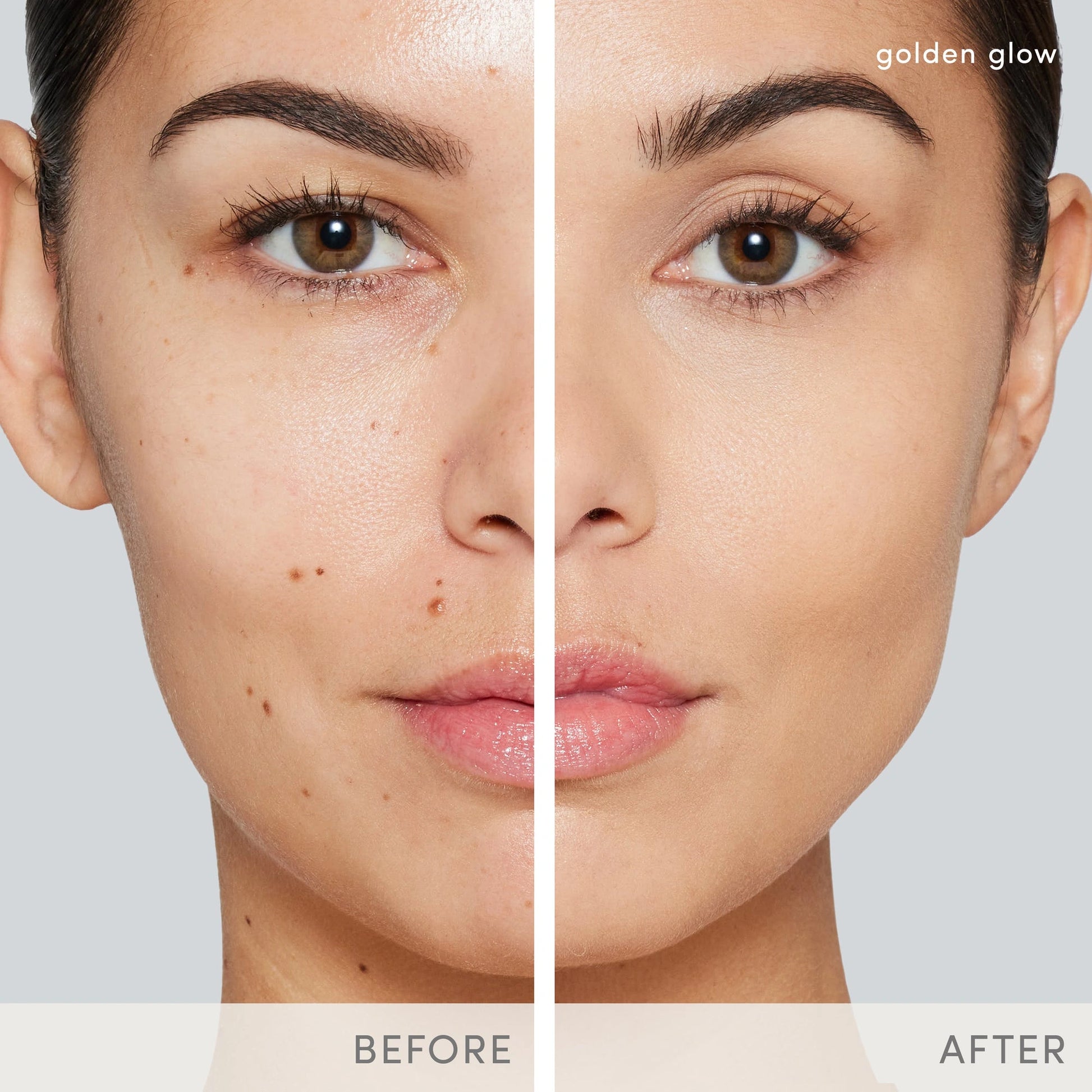 Jane Iredale PurePressed Base SPF20 Refill Amber 9,9g voor stralende huid met warme ondertonen, voor en na gebruik.