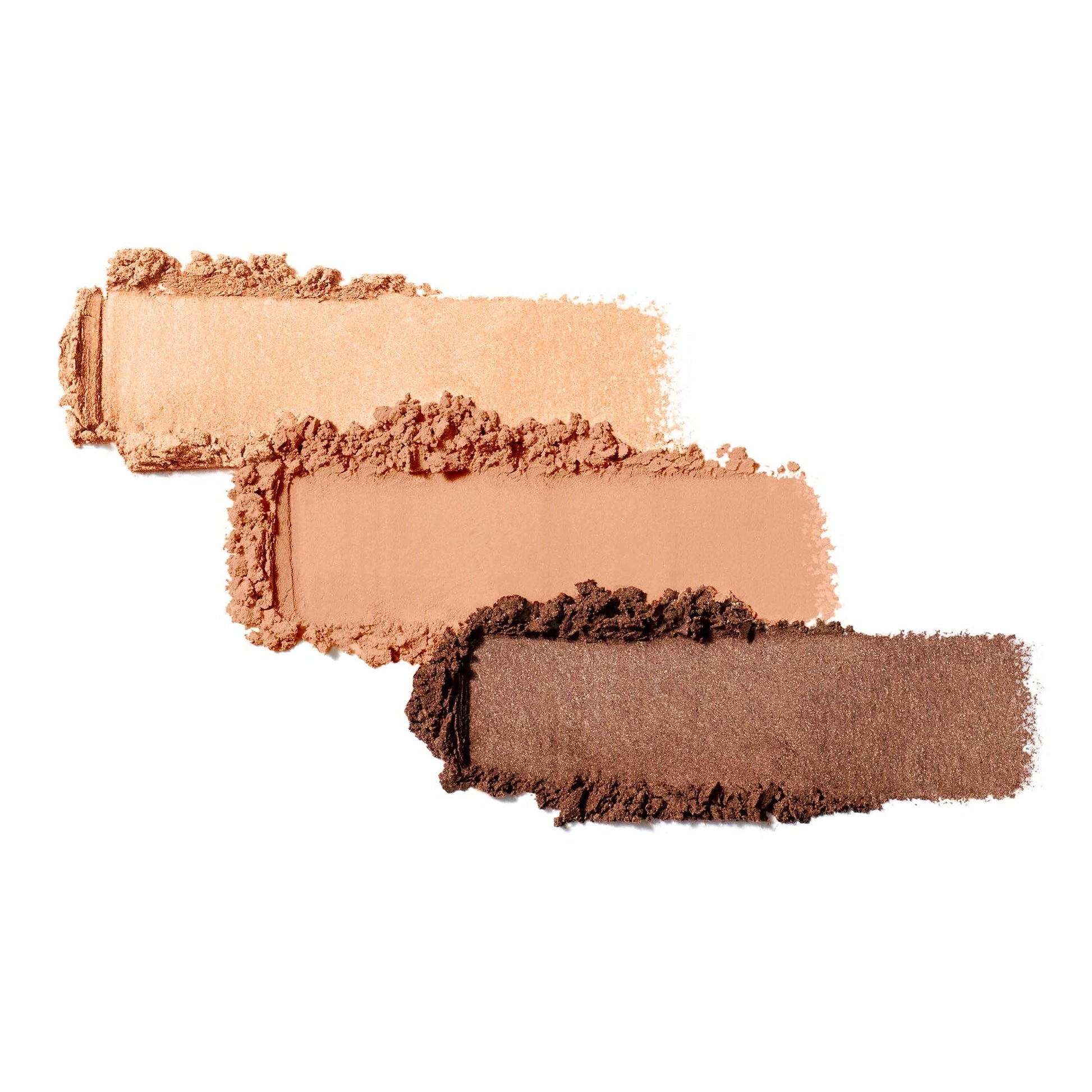 Jane Iredale PurePressed Eye Shadow Triple Honeysuckle 2,1g - Metallic champagne, matte apricot en aardse bruin kleuren op een spatel.