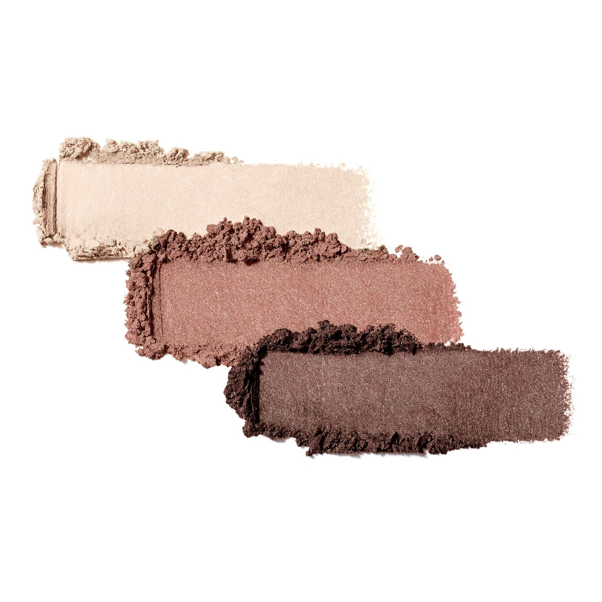 Jane Iredale PurePressed Eye Shadow Triple Pink Quartz 2,1g met matte licht roze, shimmery zacht roze en koele pruim tinten.
