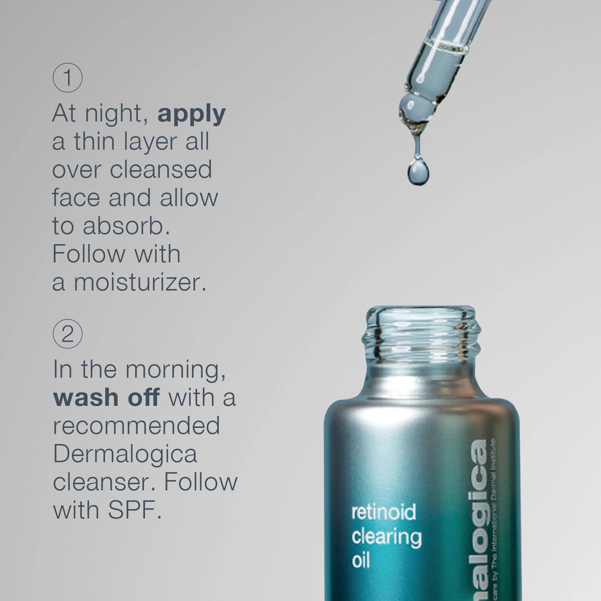 Dermalogica Retinol Clearing Oil 30ml met pipet, instructies voor gebruik op een lichte achtergrond