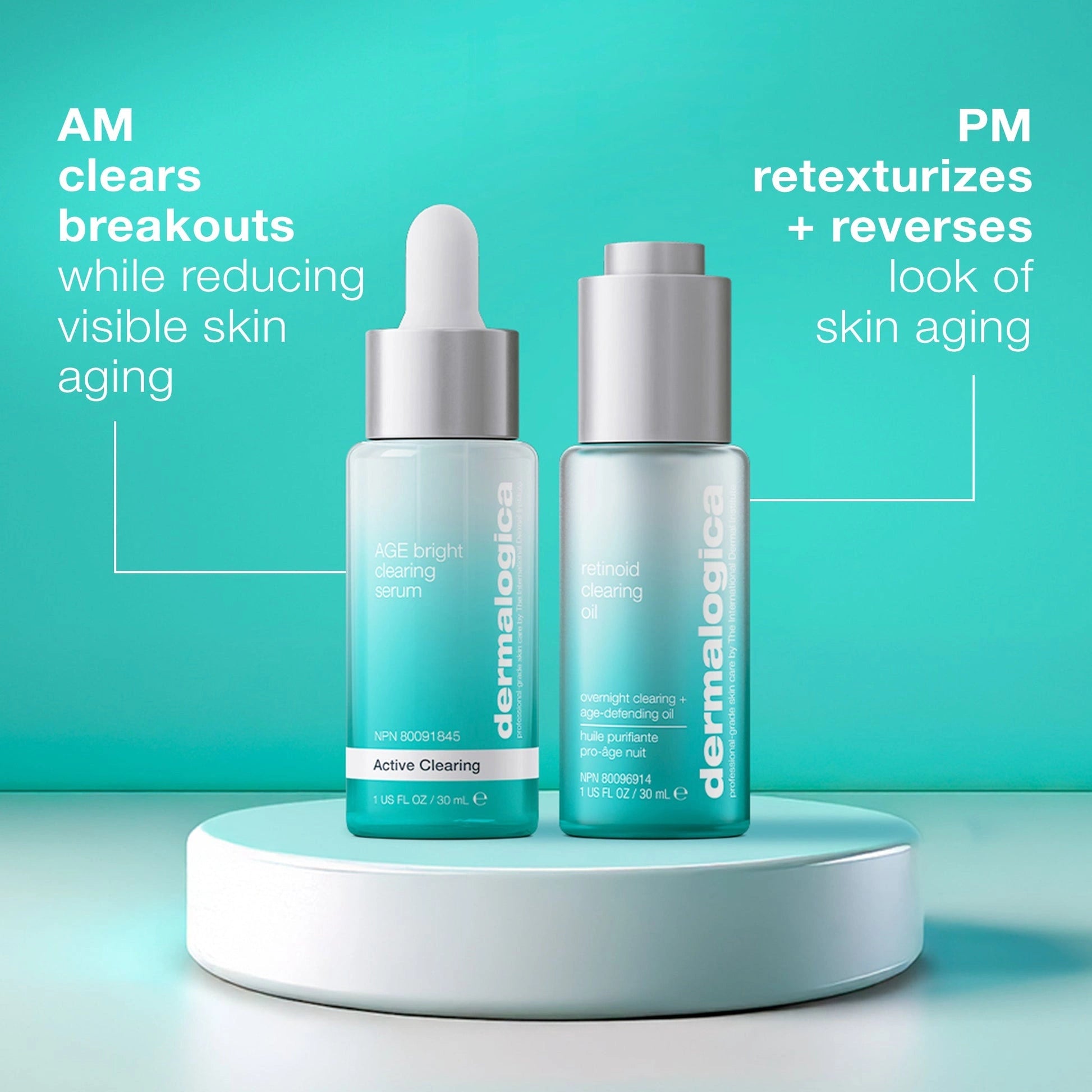 Dermalogica AGE Bright Clearing Serum 30ml en Active Clearing serum op een moderne podiumachtergrond.