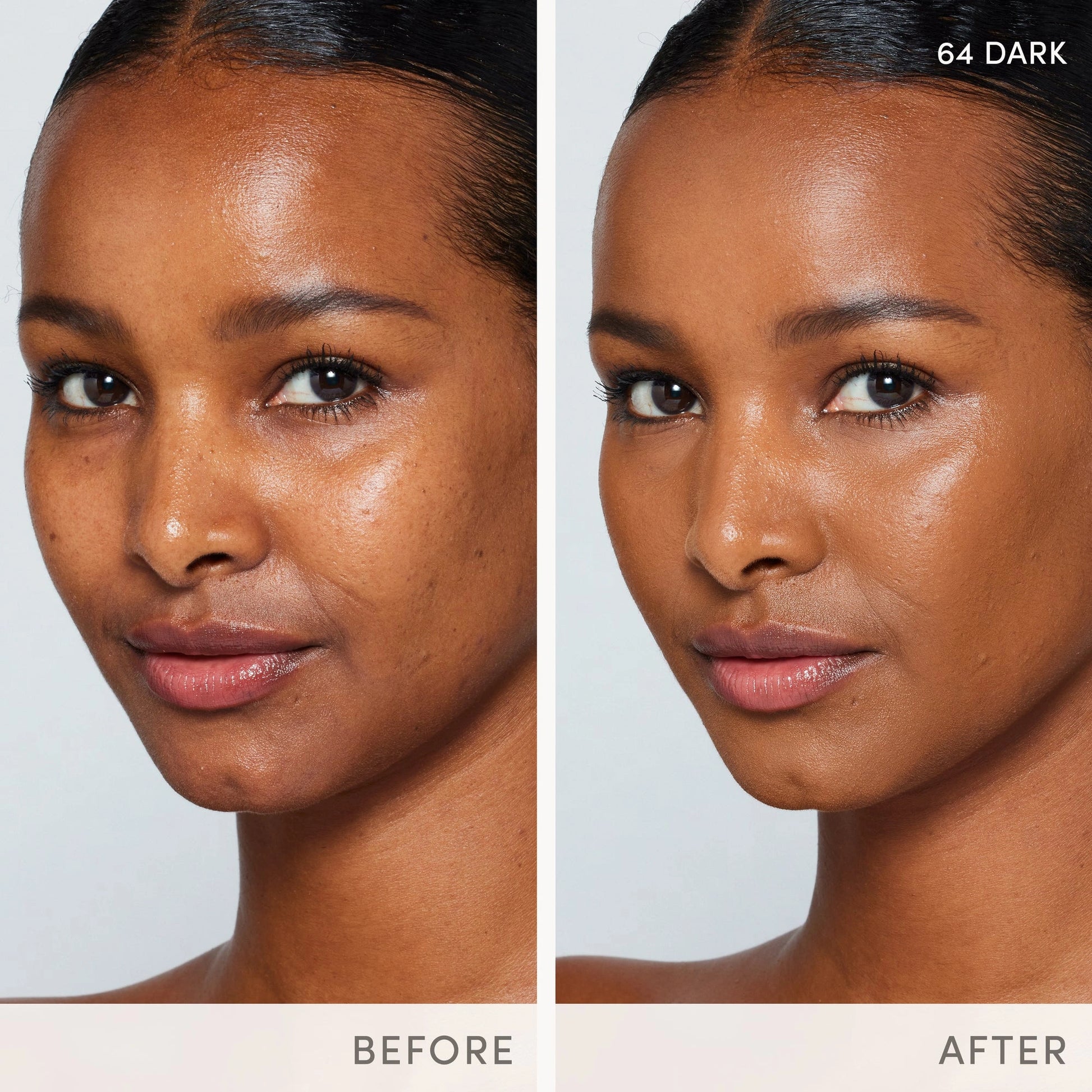 Jane Iredale Skintuition SPF30 Radiance-Boosting Liquid Foundation 64 Dark 30ml voor verfijnde huid, voor en na gebruik, stralende look.