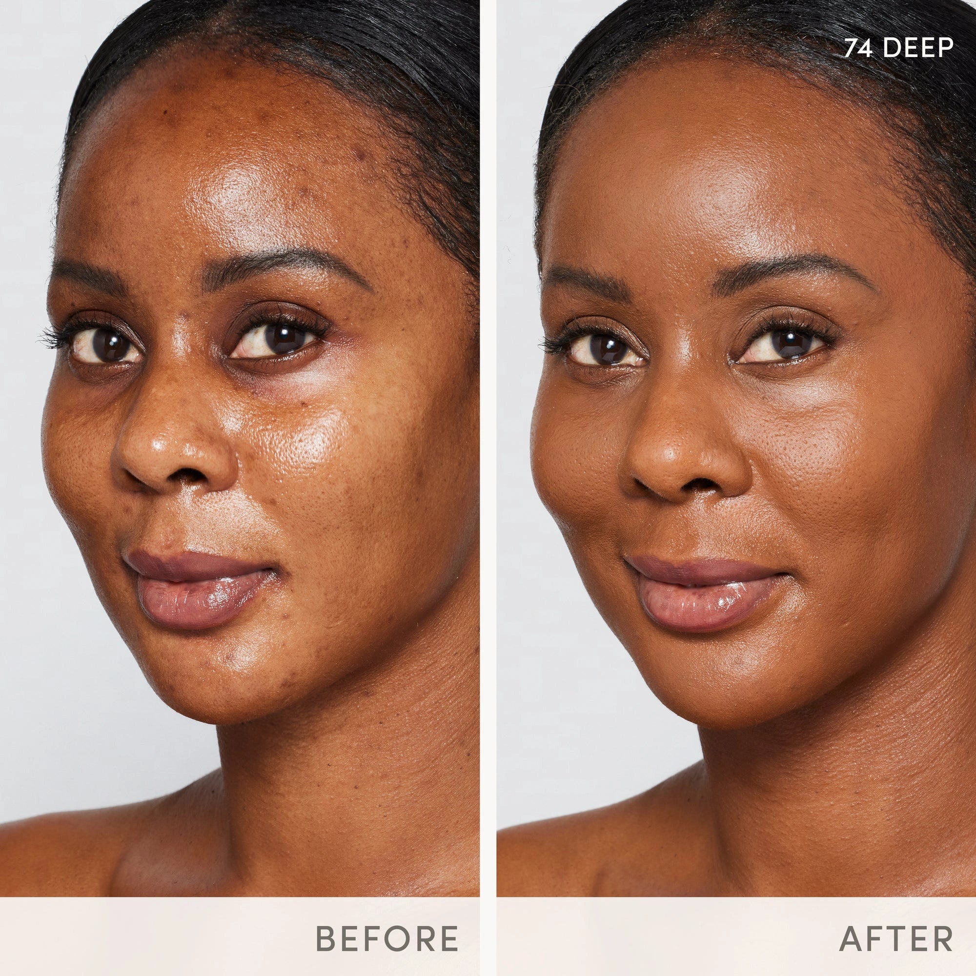 Jane Iredale Skintuition SPF30 Radiance-Boosting Liquid Foundation 74 Deep 30ml voor een stralende huid, voor en na resultaat