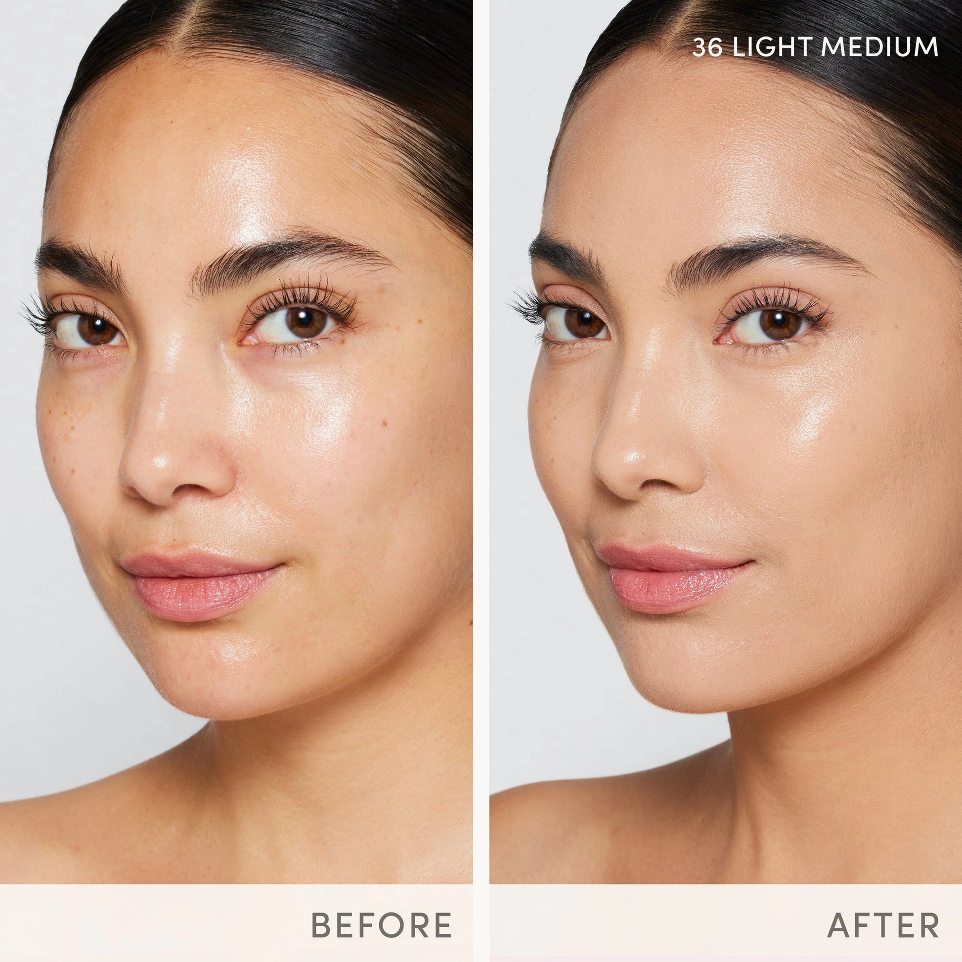 Jane Iredale Skintuition SPF30 Radiance-Boosting Liquid Foundation 36 Light Medium voor een stralende huid, voor en na vergelijking.