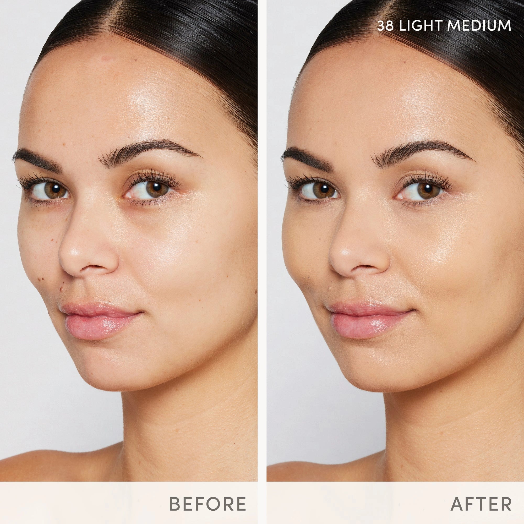Jane Iredale Skintuition SPF30 Radiance-Boosting Liquid Foundation 38 Light Medium voor een stralende huid, resultaat voor en na toepassing.