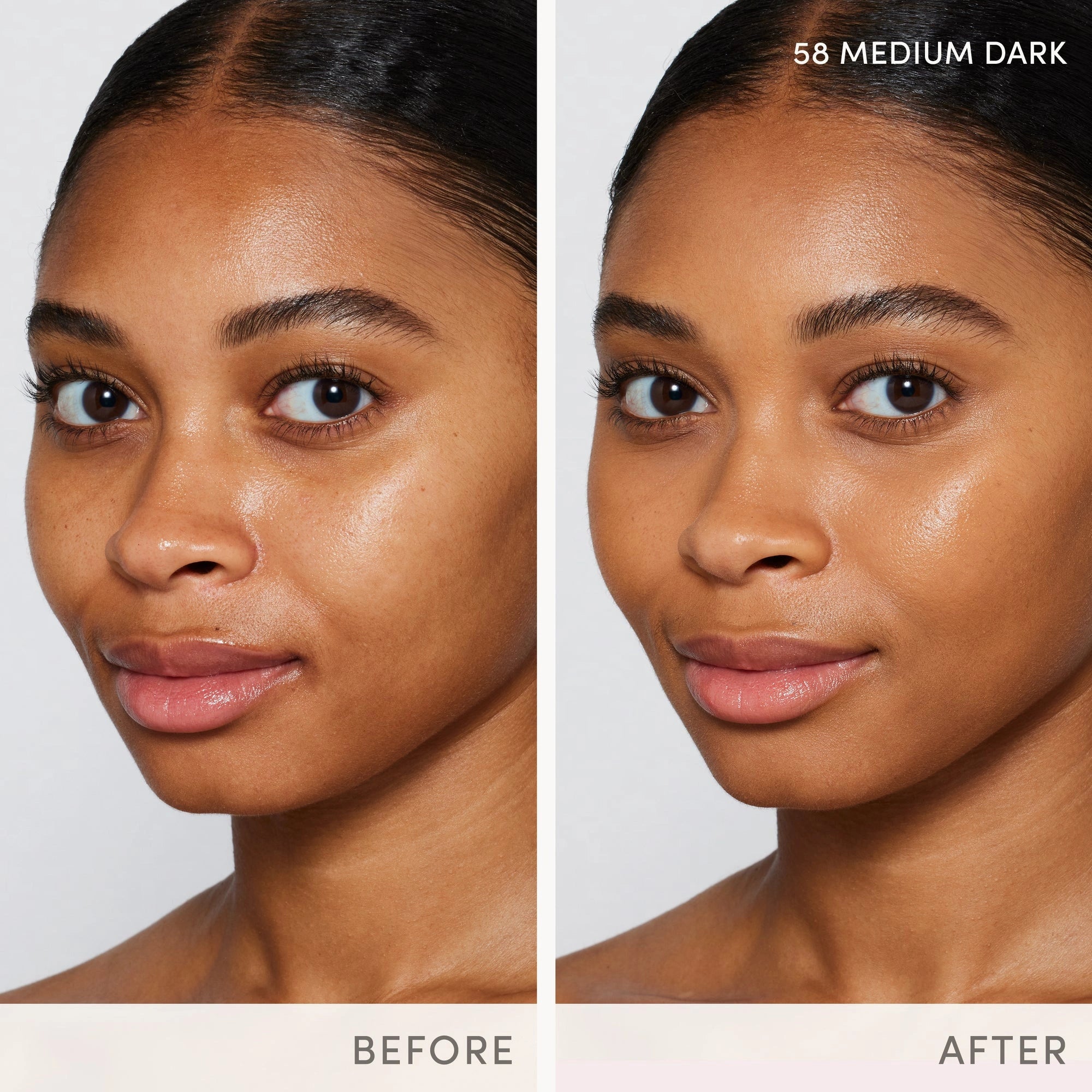 Jane Iredale Skintuition SPF30 Radiance-Boosting Liquid Foundation 58 Medium Dark voor en na foto met warm gouden ondertoon