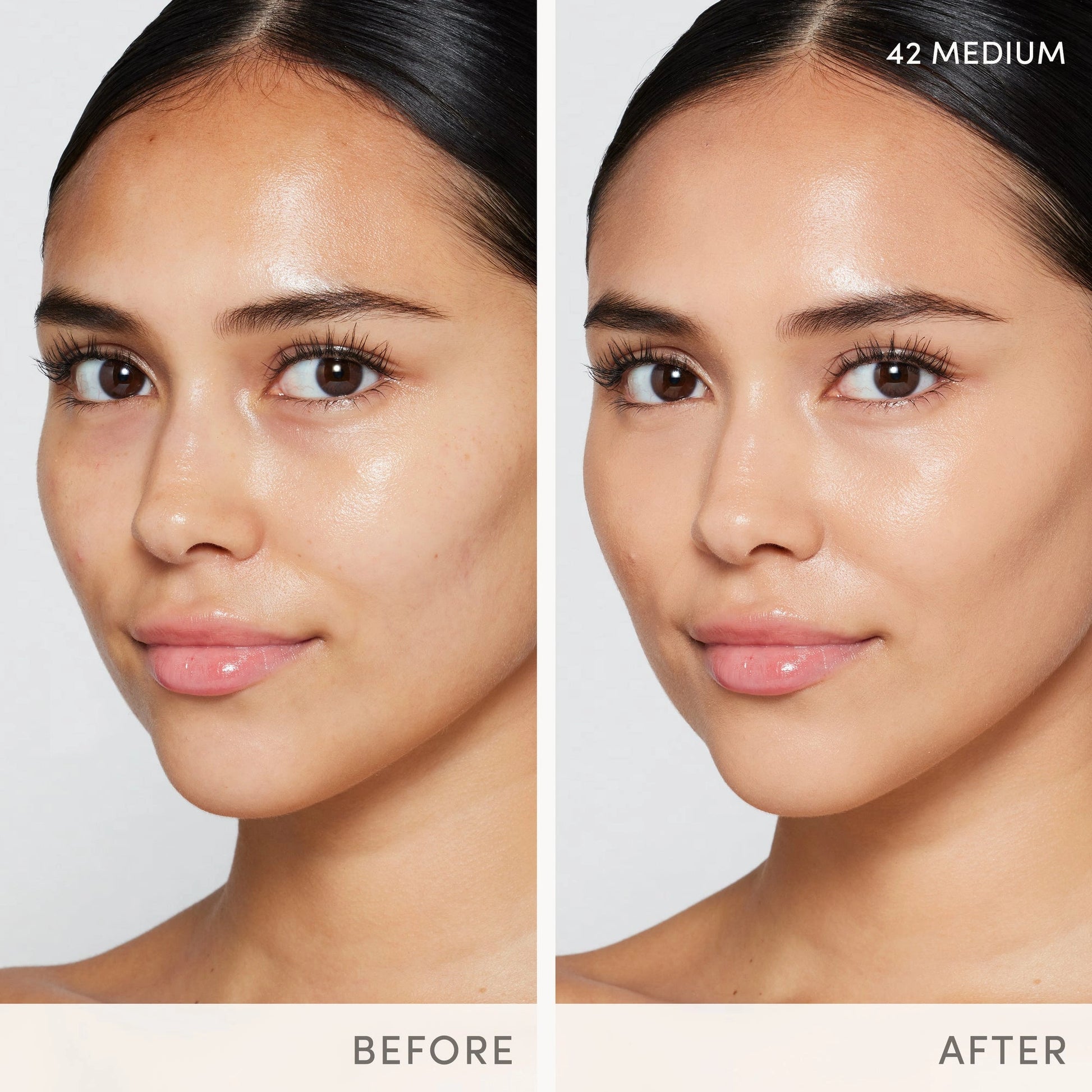 Jane Iredale Skintuition SPF30 Radiance-Boosting Liquid Foundation 42 Medium 30ml before and after results on model's skin