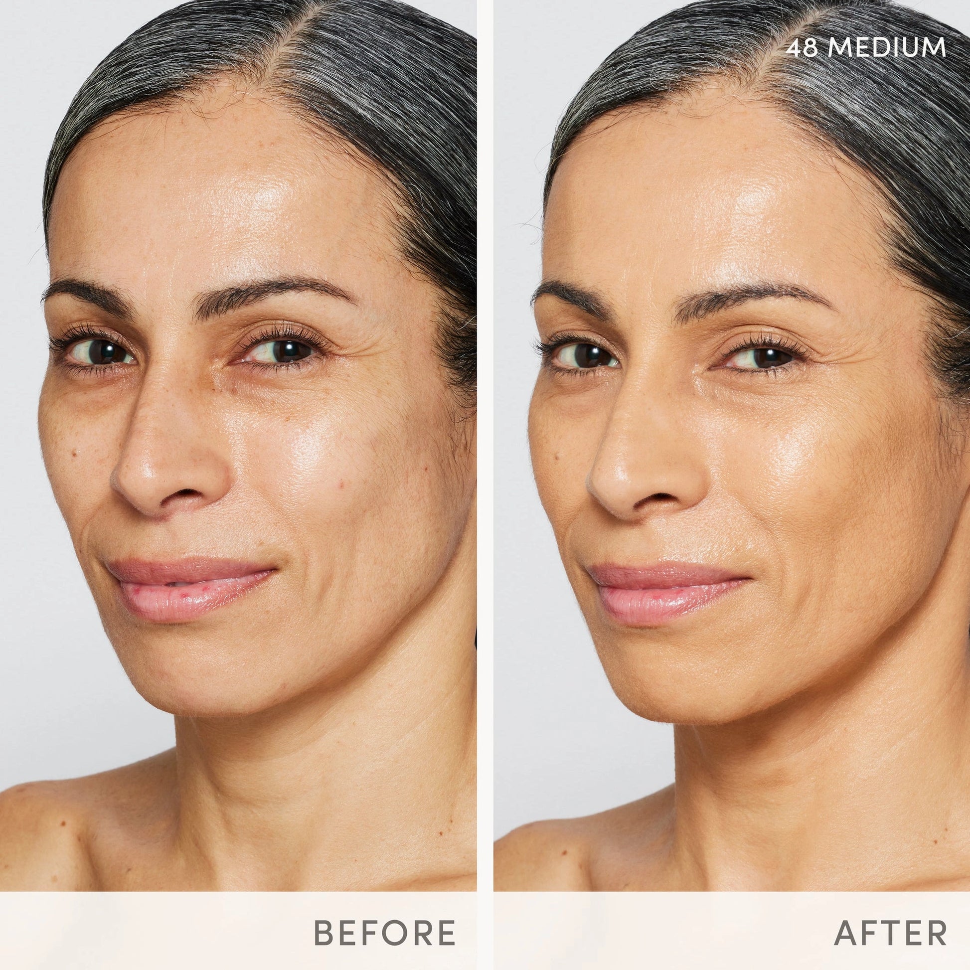 Jane Iredale Skintuition SPF30 Radiance-Boosting Liquid Foundation 48 Medium 30ml voor en na huidverbetering