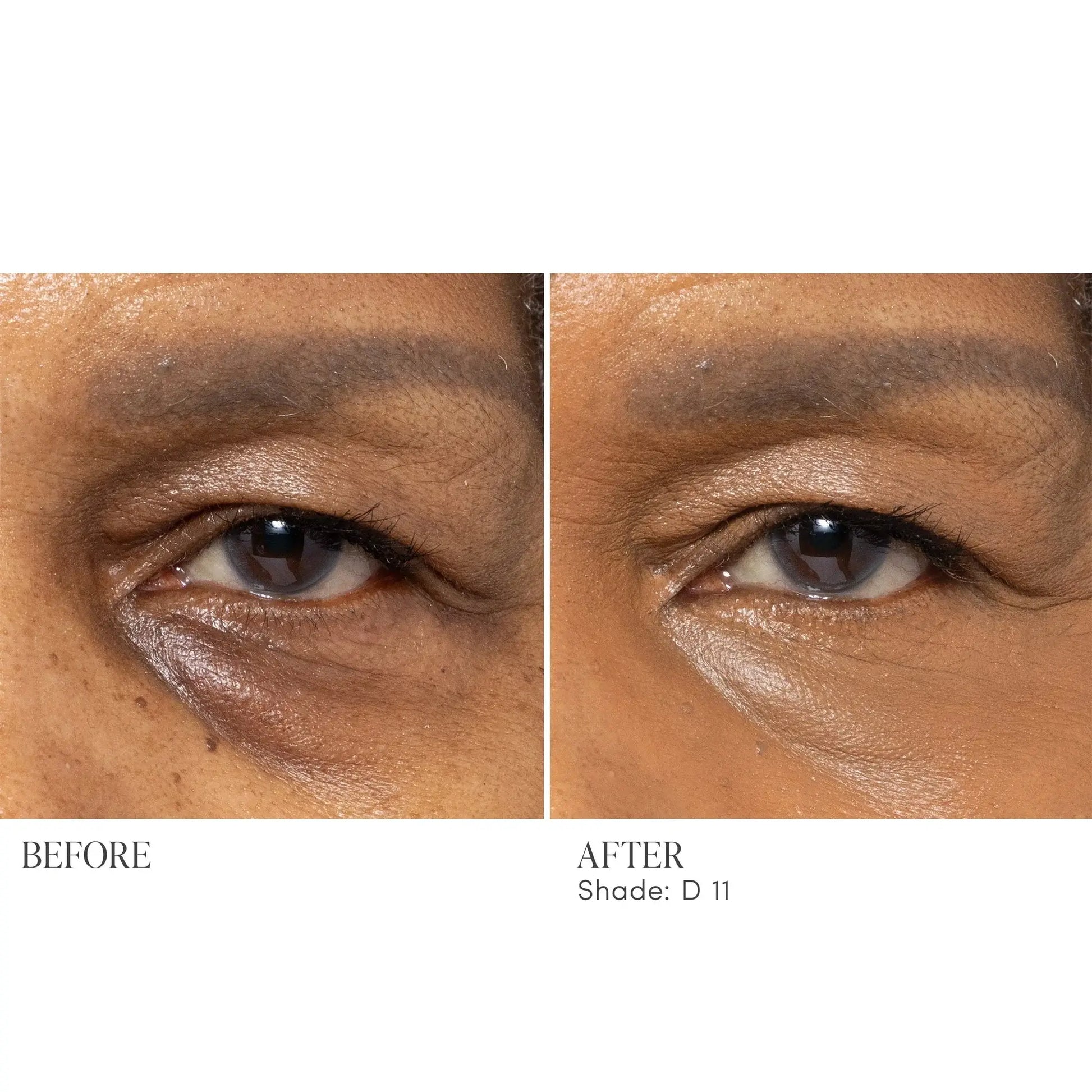 Jane Iredale Skintuition Brightening Under Eye Concealer D11 voor natuurlijke dekking en verlichting van donkere kringen, voor en na gebruik.