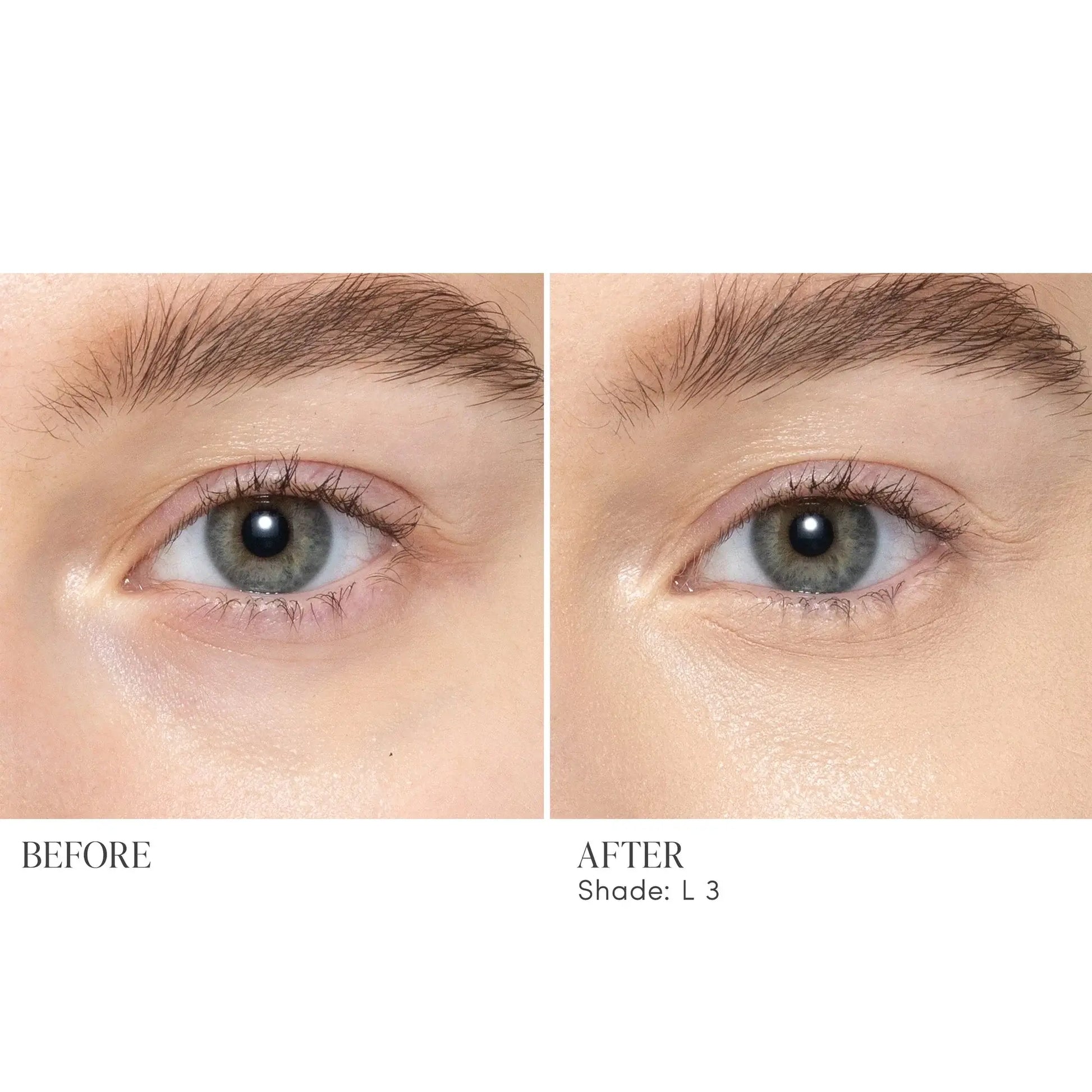 Jane Iredale Skintuition Brightening Under Eye Concealer L3 voor duidelijke huidverbetering, voor en na gebruik, neutrale ondertoon.
