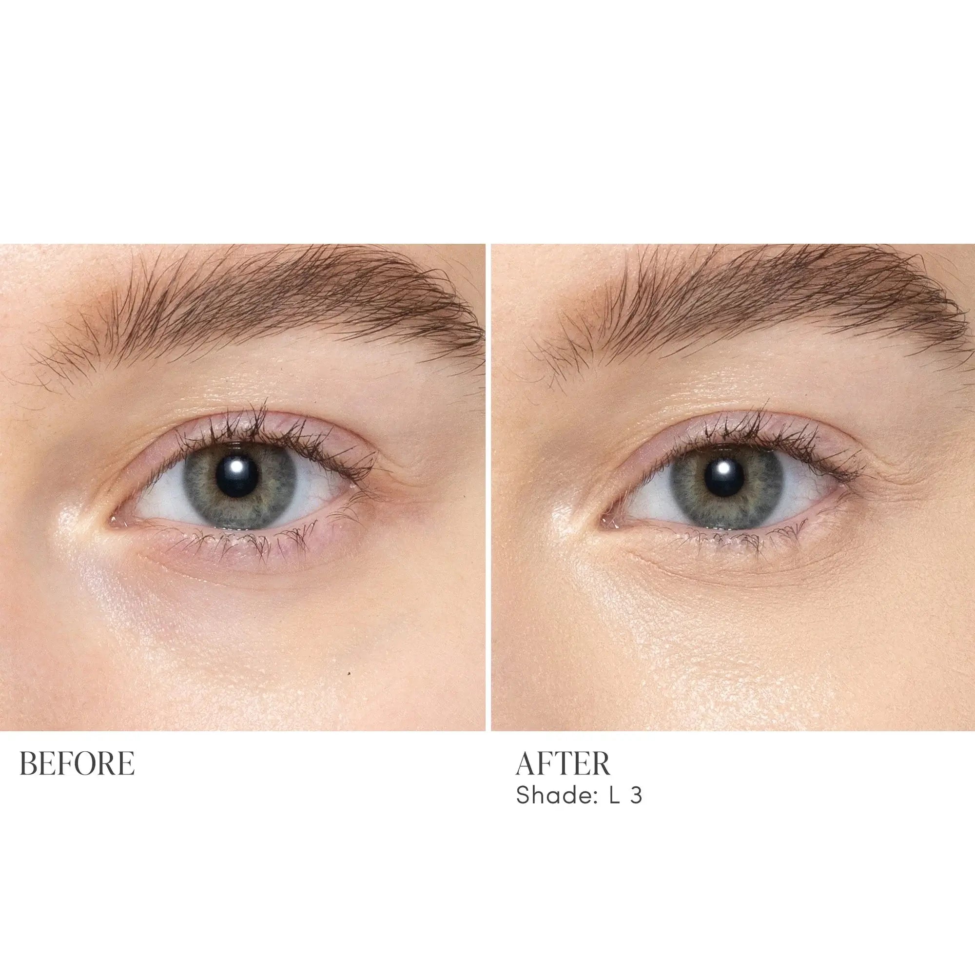 Jane Iredale Skintuition Brightening Under Eye Concealer L3 voor duidelijke huidverbetering, voor en na gebruik, neutrale ondertoon.