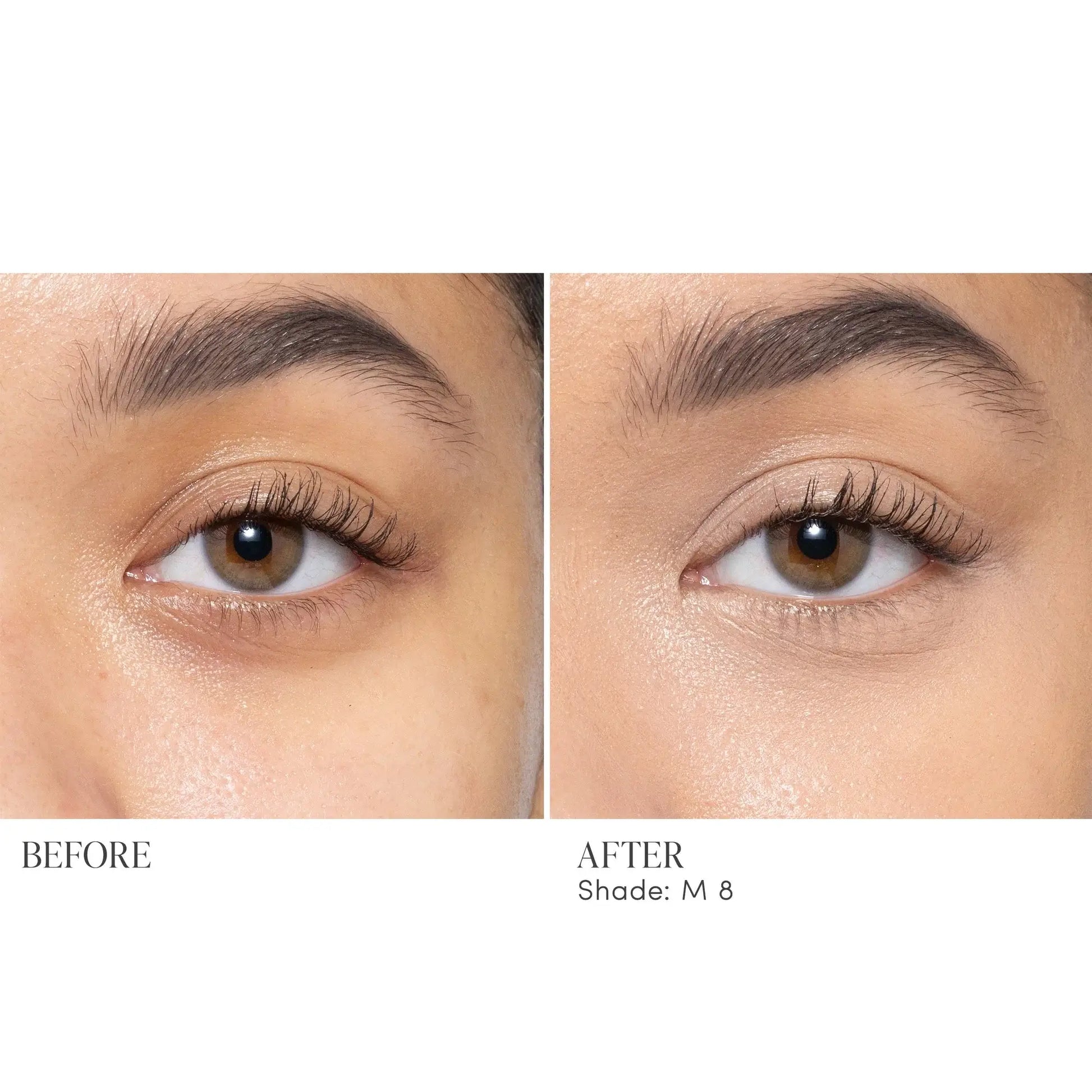 Jane Iredale Skintuition Brightening Under Eye Concealer M8 voor een stralende huid onder de ogen, voor en na effect, kleur M8.