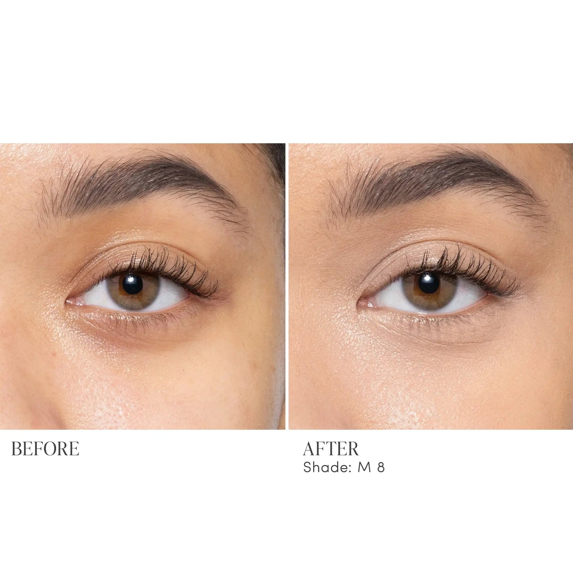 Jane Iredale Skintuition Brightening Under Eye Concealer M8 voor een stralende huid onder de ogen, voor en na effect, kleur M8.
