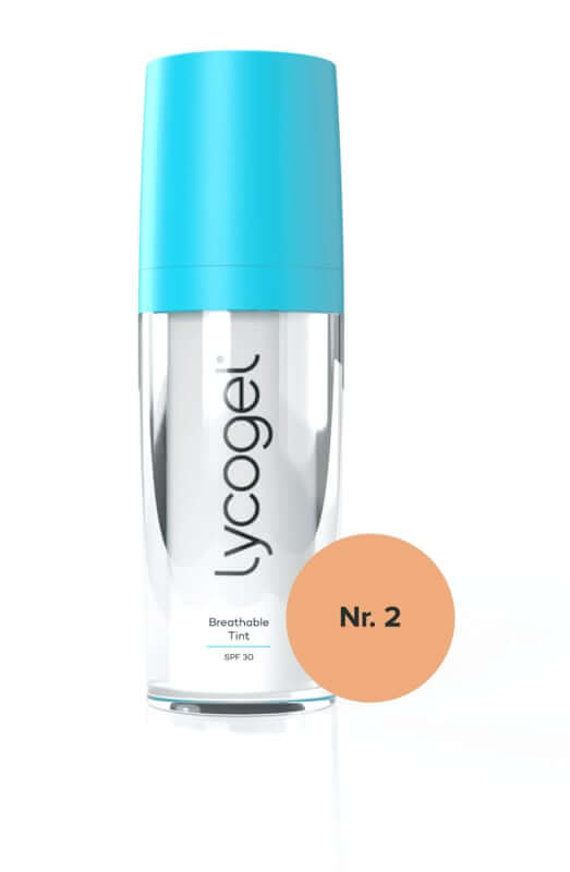 Lycogel Breathable Tint Nr. 2 30ml in fles met blauwe dop, voor een lichte glow en natuurlijke uitstraling.
