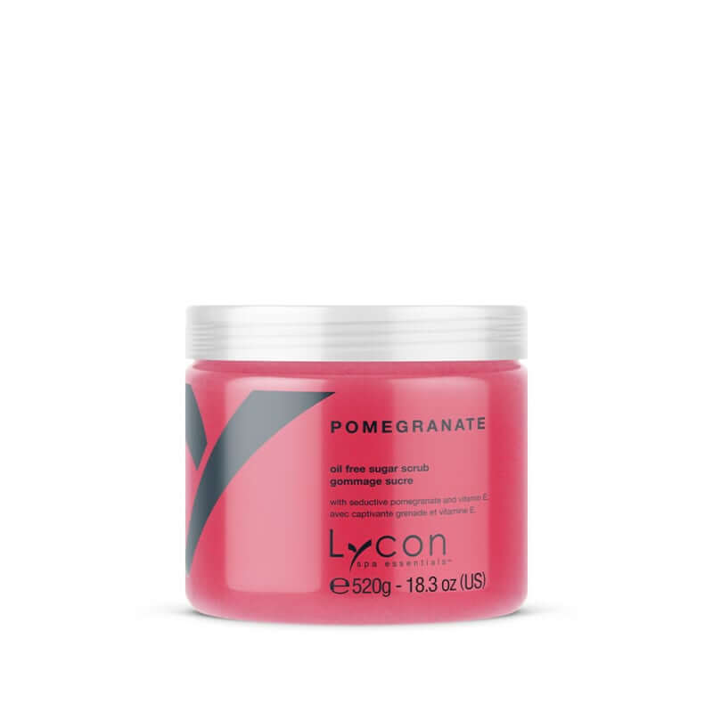 Lycon - Pomegranate Sugar Scrub 520gr in een luxe pot met heldere roze textuur en unieke granaatappelgeur.