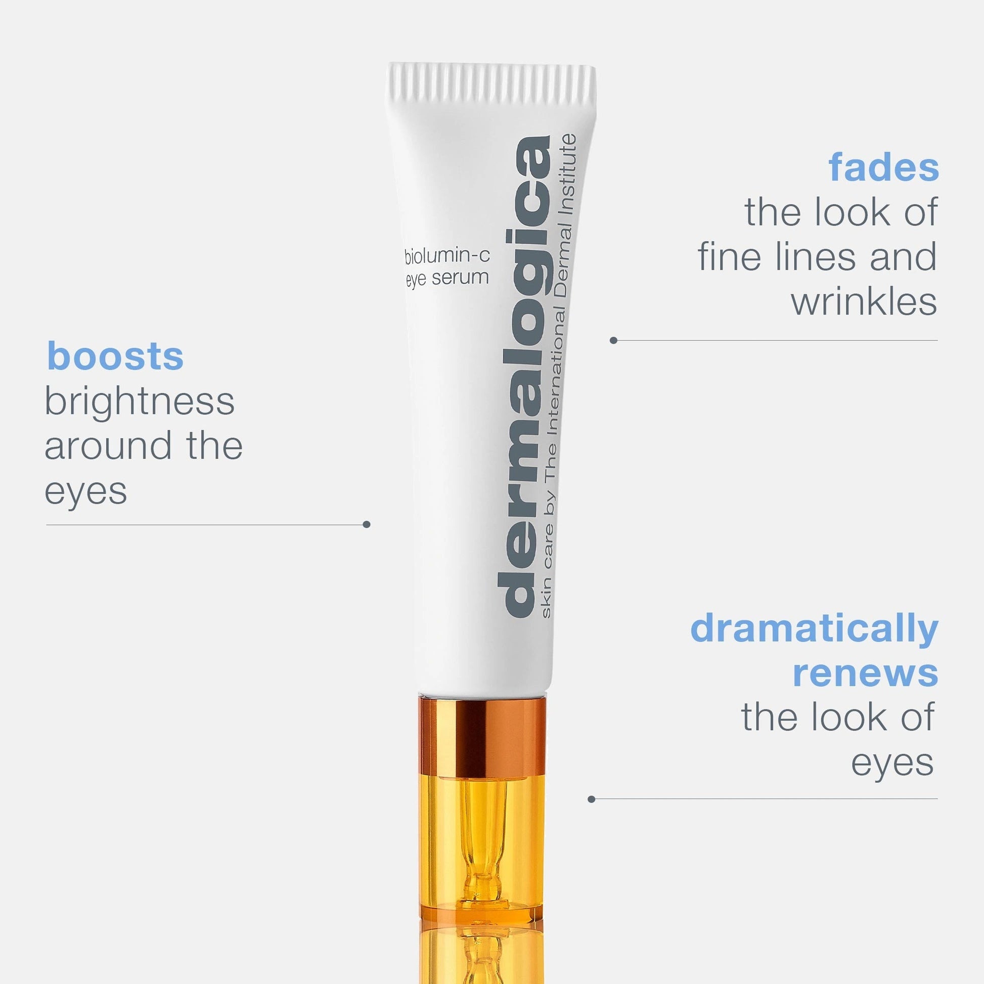 Dermalogica BioLumin-C Eye Serum 15ml met een gouden applicator, vermindert fijne lijntjes en verfrist de ogen.