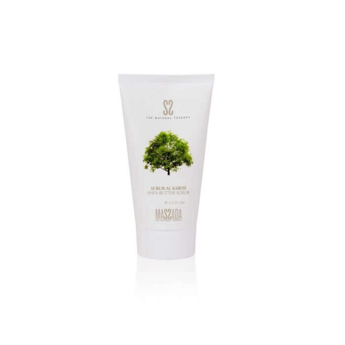 Massada - Shea Butter Scrub 150ml verpakking met zachte, hydraterende formule voor soepele huid.