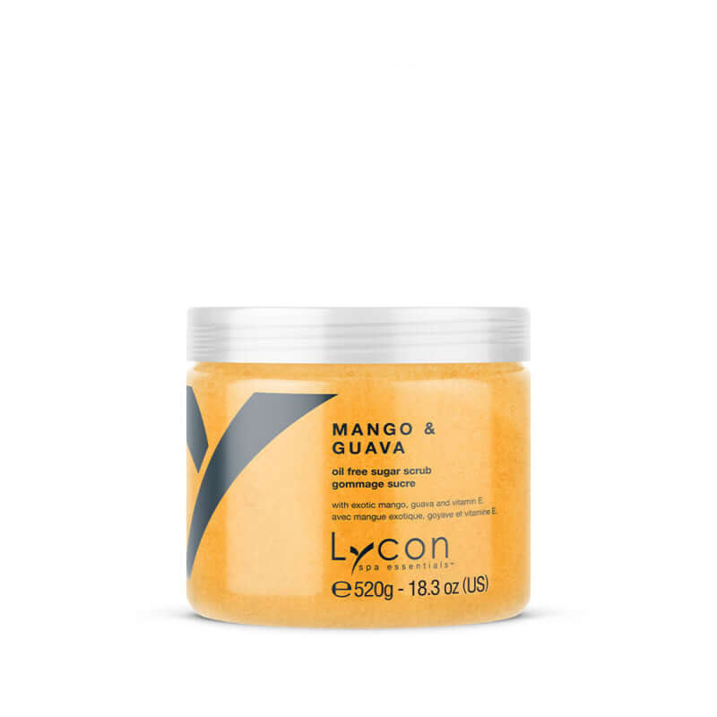Lycon - Mango & Guava Sugar Scrub 520gr in een luxe jar, olievrij, ideaal voor huidverzorging zonder resten.