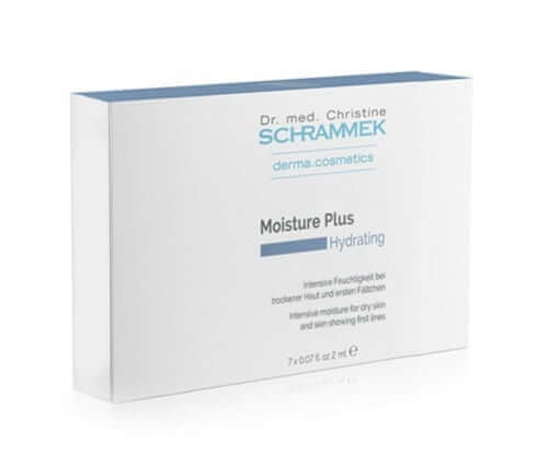 Schrammek Moisture Plus Ampul 7x 2ml verpakking met hydratatiebelofte voor een stralende huid en vermindering van fijne lijntjes.