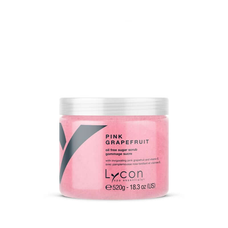 Lycon - Pink Grapefruit Sugar Scrub 520gr, luxe olievrije sugar scrub in een roze pot voor zachte huidverzorging.