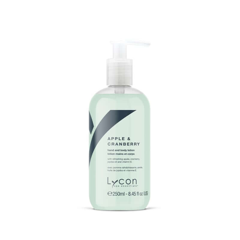 Lycon Apple & Cranberry Hand & Body Lotion 250ml in een stijlvolle fles met pomp, hydraterend en voedend voor zijdezachte huid.