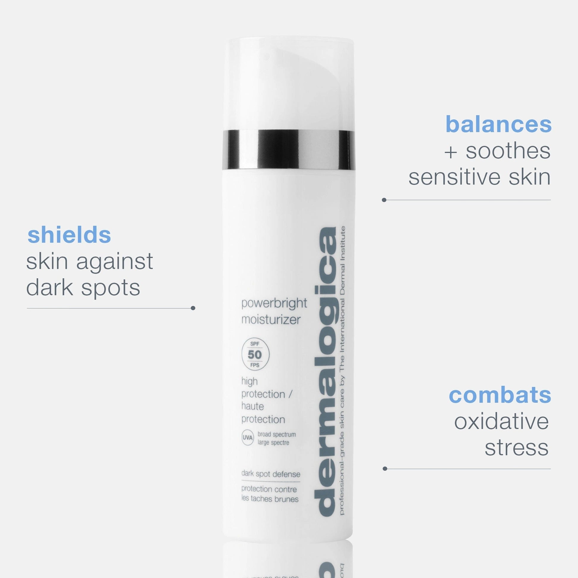 Dermalogica PowerBright Moisturizer SPF50 50ml in flacon met details over bescherming tegen donkere vlekken en oxidatieve stress.