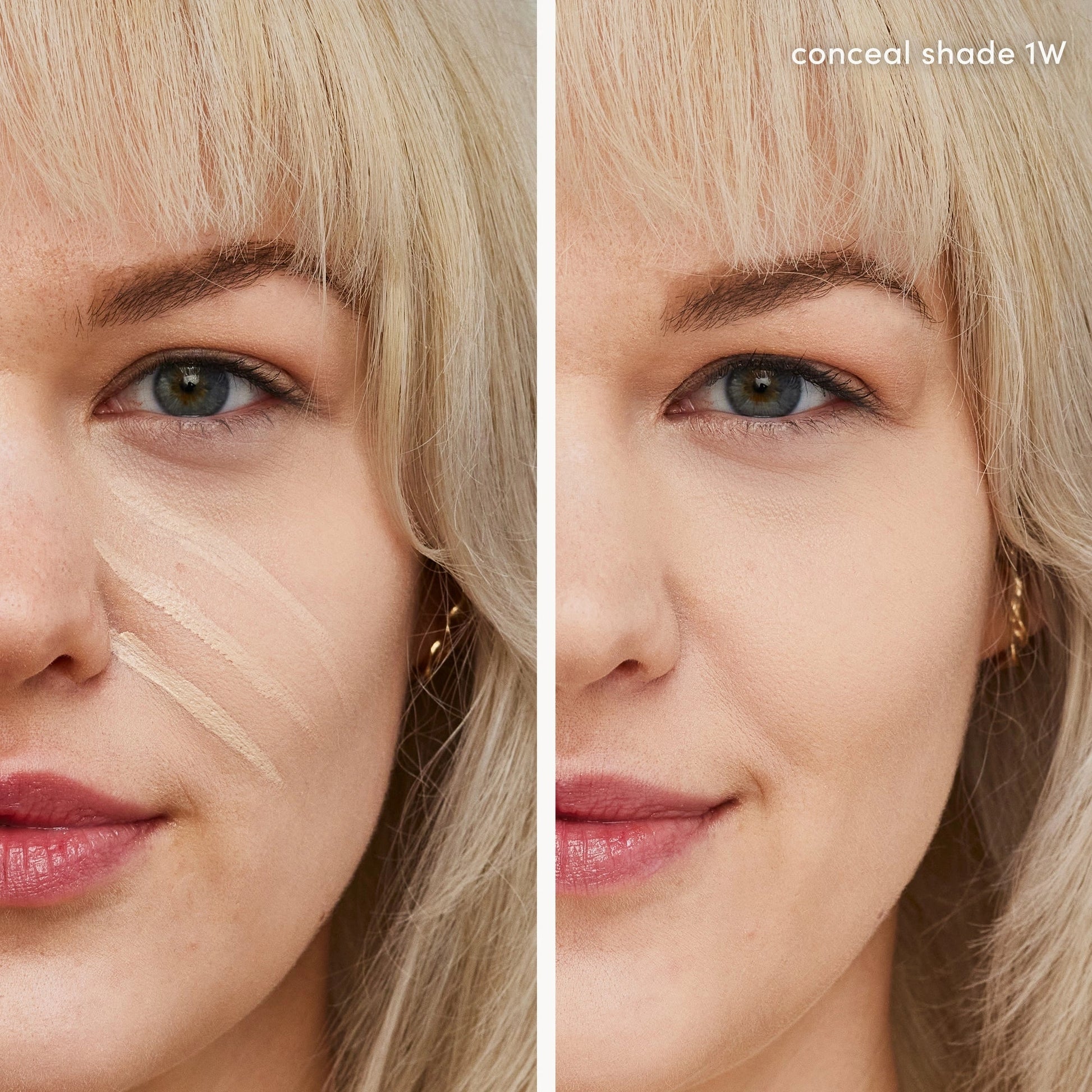 Jane Iredale PureMatch Liquid Concealer 1W Fair 5ml op een model, voor-en-na foto met concealer op de huid voor een natuurlijke afwerking.