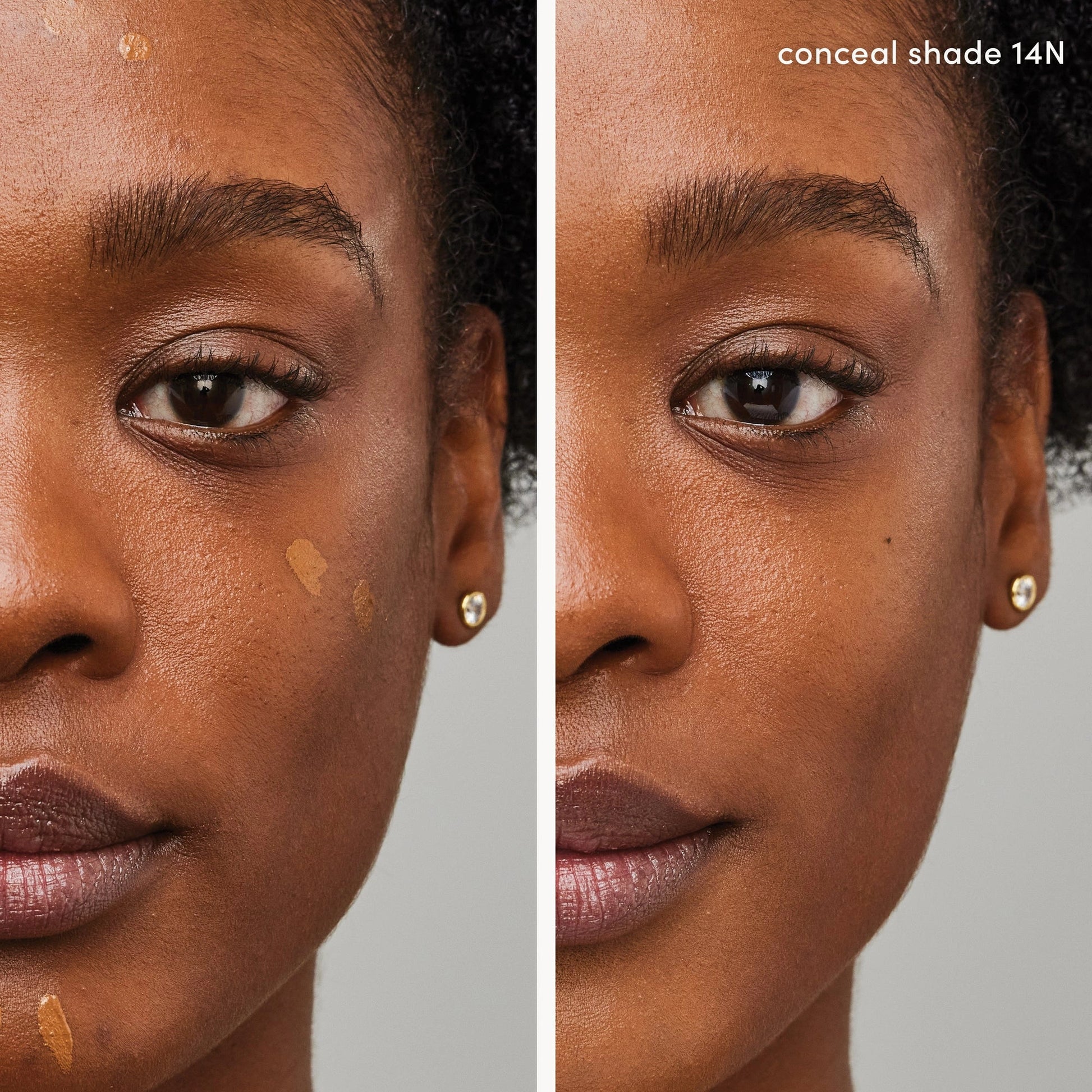 Jane Iredale PureMatch Liquid Concealer 14N Deep 5ml toegepast op een model, toont onvolkomenheden en huidverbetering.