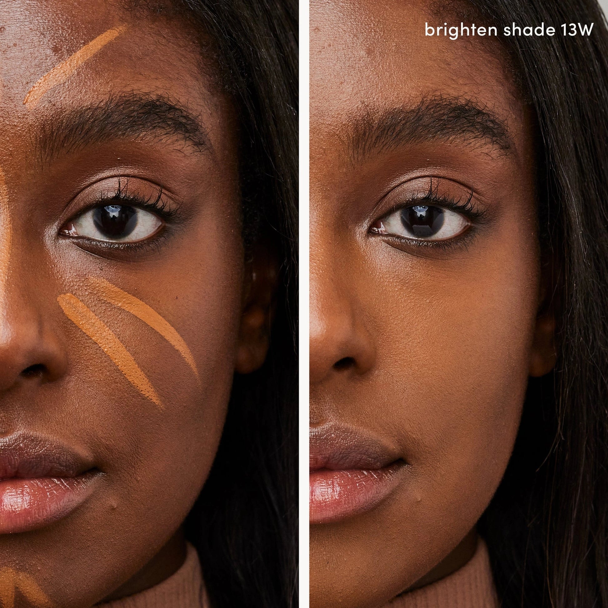 Jane Iredale PureMatch Liquid Concealer 13W Deep 5ml aangebracht op huid met gouden bronzen ondertoon, verheldert en camoufleert perfect.