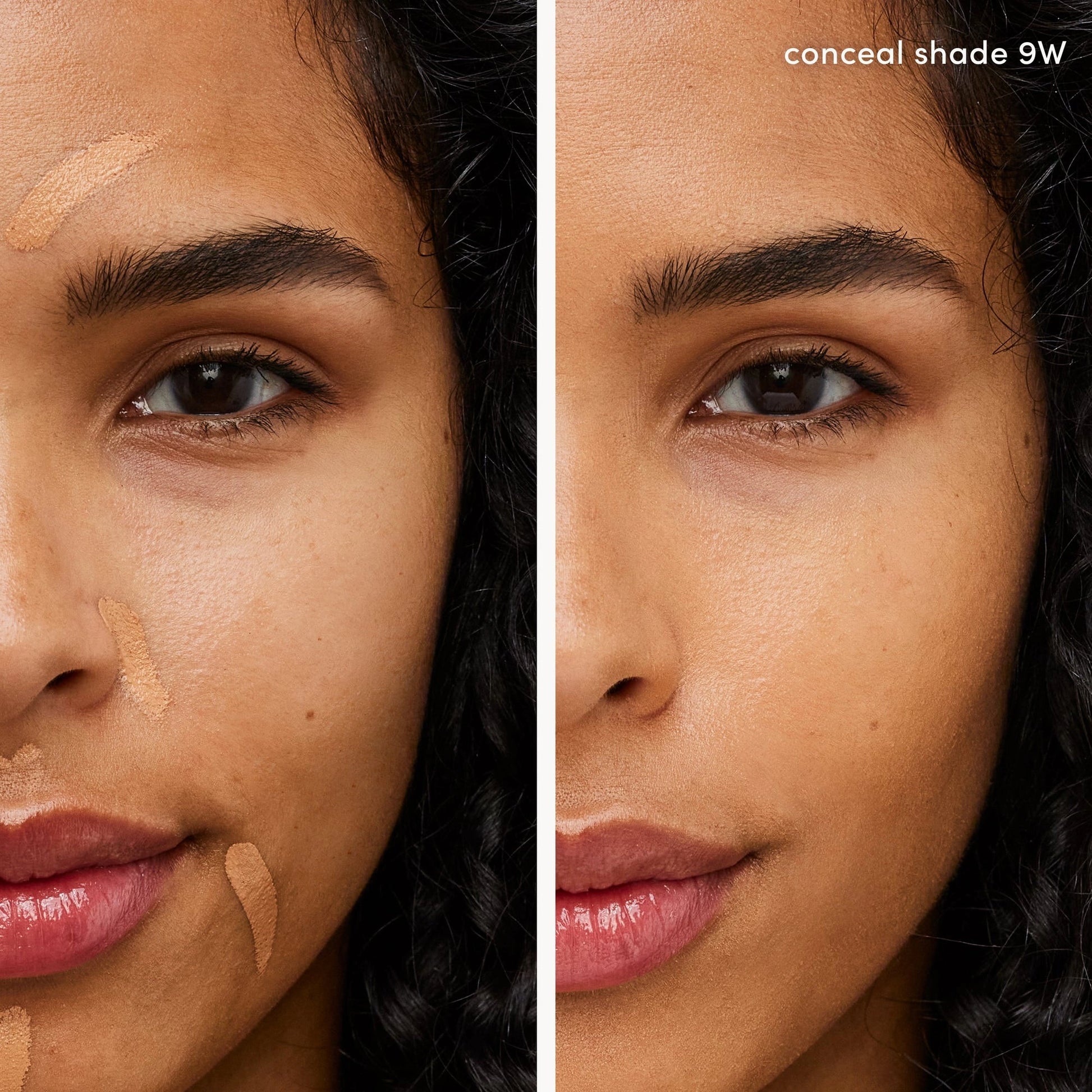 Jane Iredale PureMatch Liquid Concealer 9W Medium to Dark 5ml op model, voor en na toepassing van de concealer.