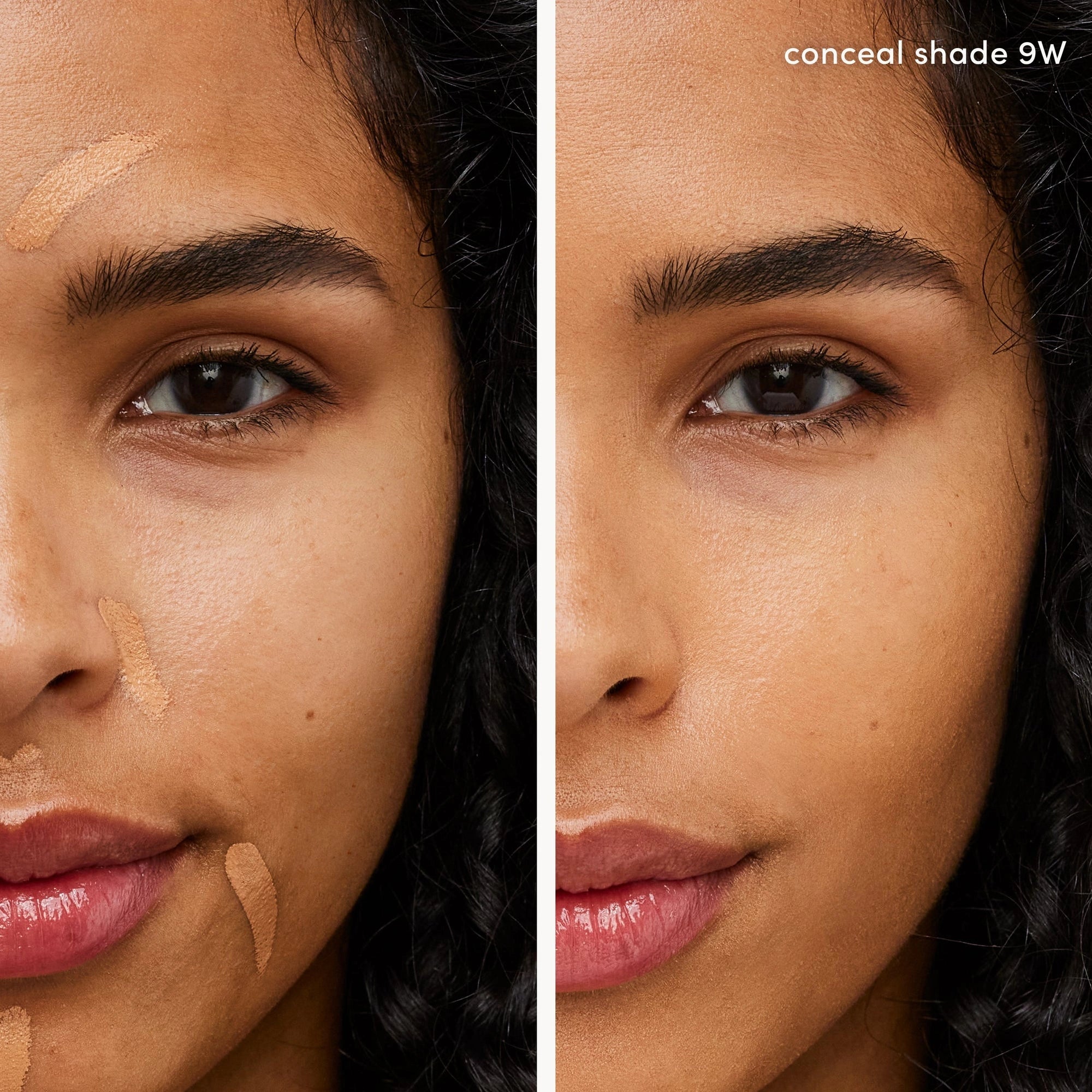 Jane Iredale PureMatch Liquid Concealer 9W Medium to Dark 5ml op model, voor en na toepassing van de concealer.