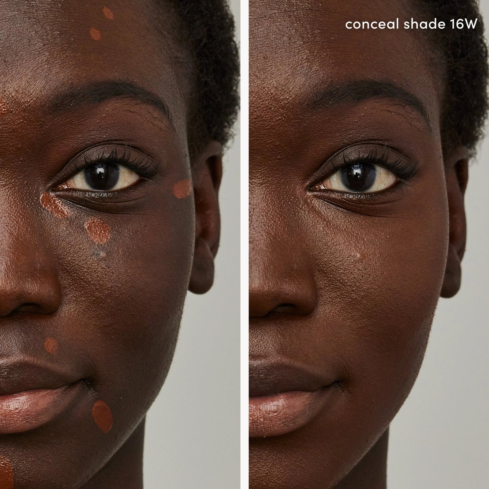 Jane Iredale PureMatch Liquid Concealer 16W Deeper 5ml applicatie op huid, voor en na resultaat met concealer.