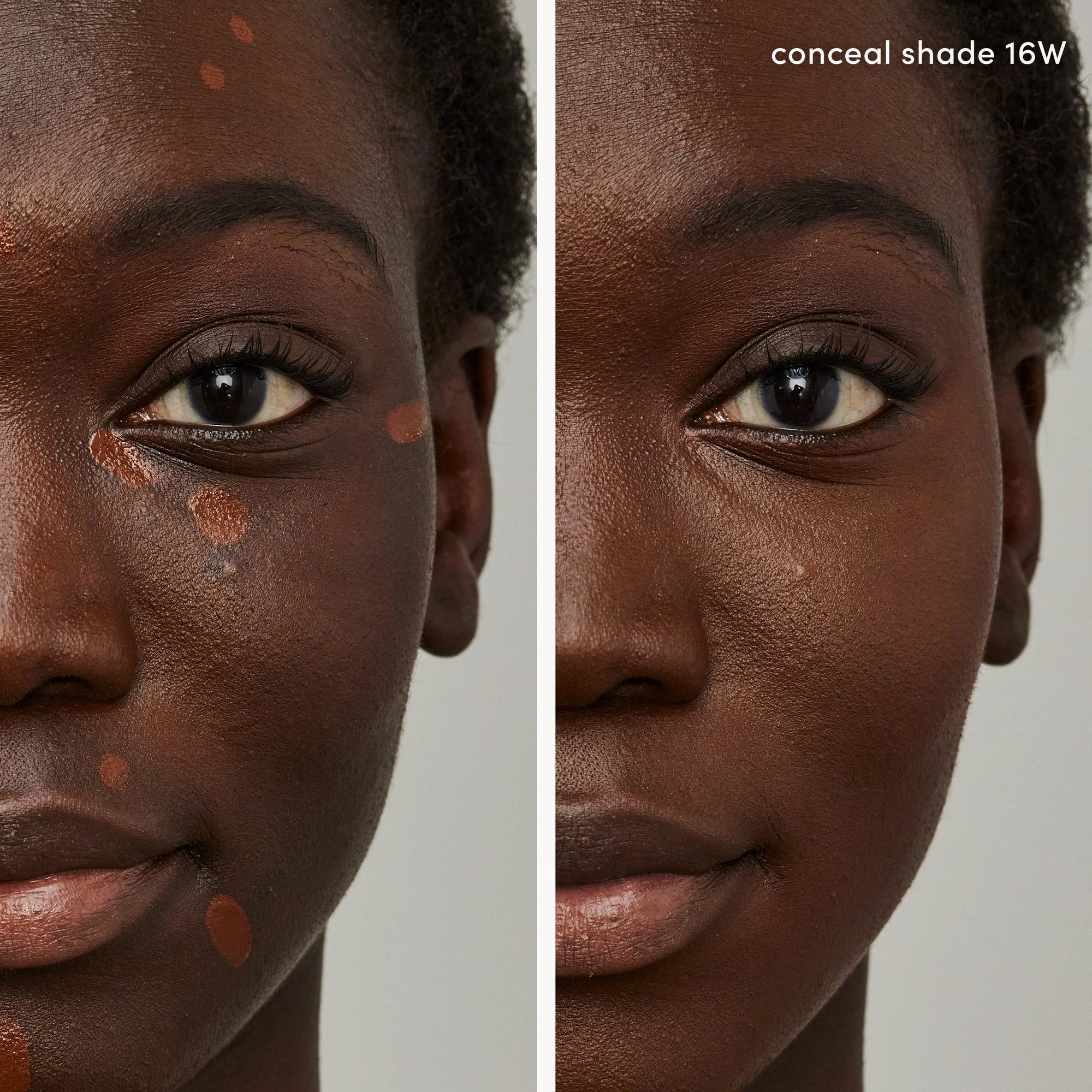 Jane Iredale PureMatch Liquid Concealer 16W Deeper 5ml applicatie op huid, voor en na resultaat met concealer.