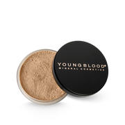 Youngblood Natural Loose Mineral Foundation Honey 10g in open jar showcasing natural mineral powder texture.