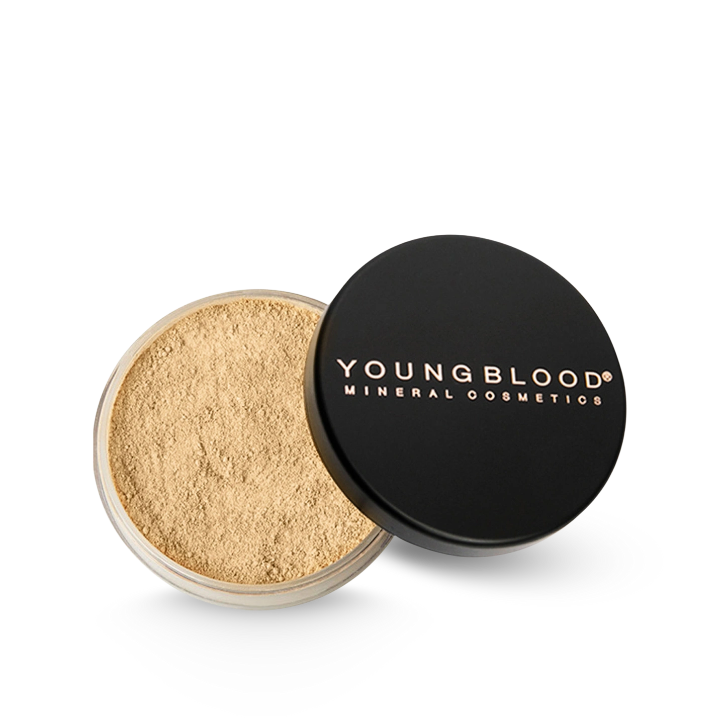 Youngblood Natural Loose Mineral Foundation Warm Beige 10g in zwart potje met de fijne poedertextuur zichtbaar