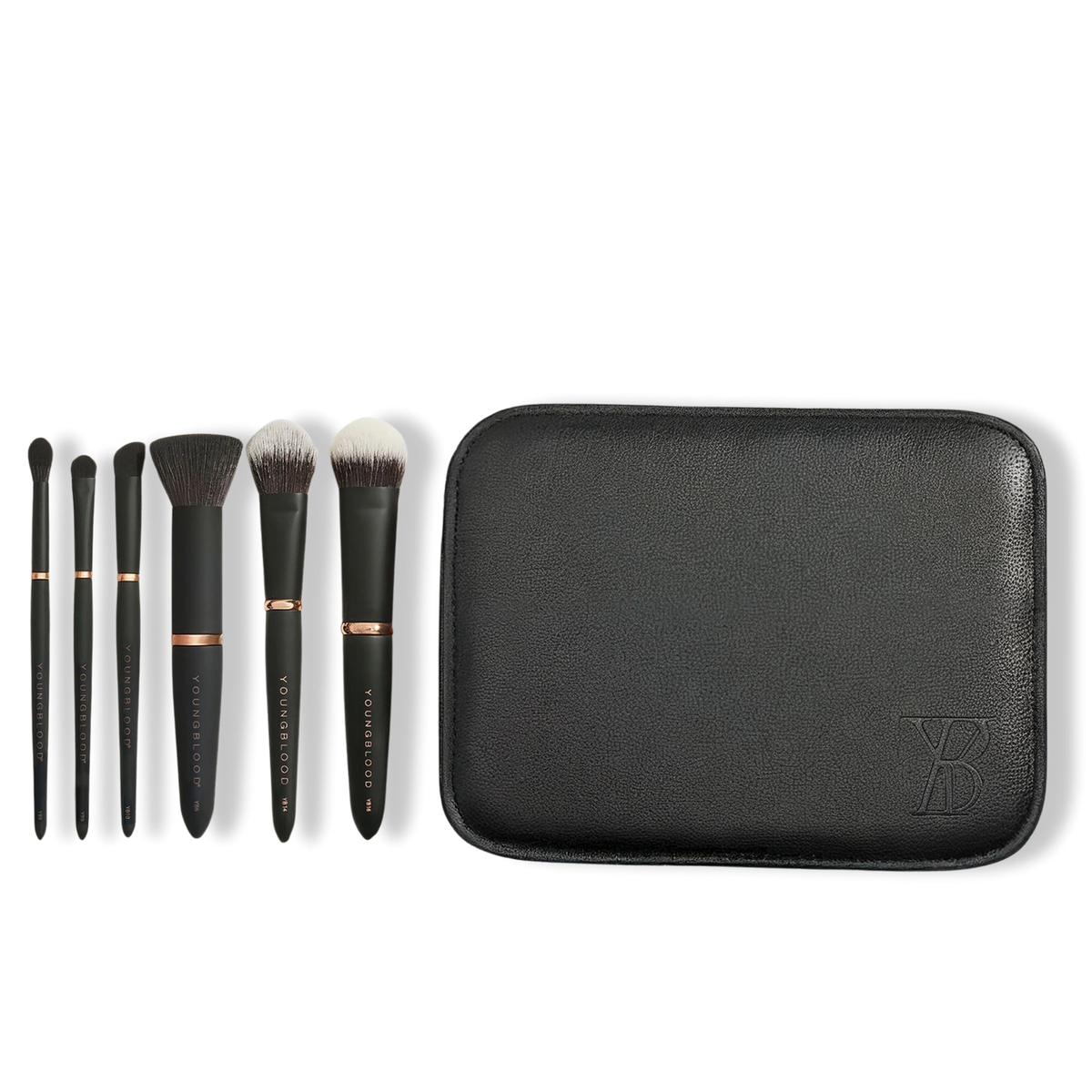 Youngblood Travel Luxe Brush Set met 6 zwarte kwasten en kunstleren etui voor gemak onderweg.